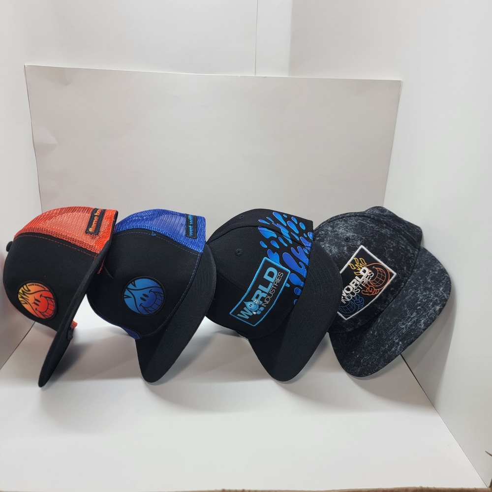 World Industries Snapback Hat Bundle Flame Boy Wet Willy Skateboarding Caps 4pc